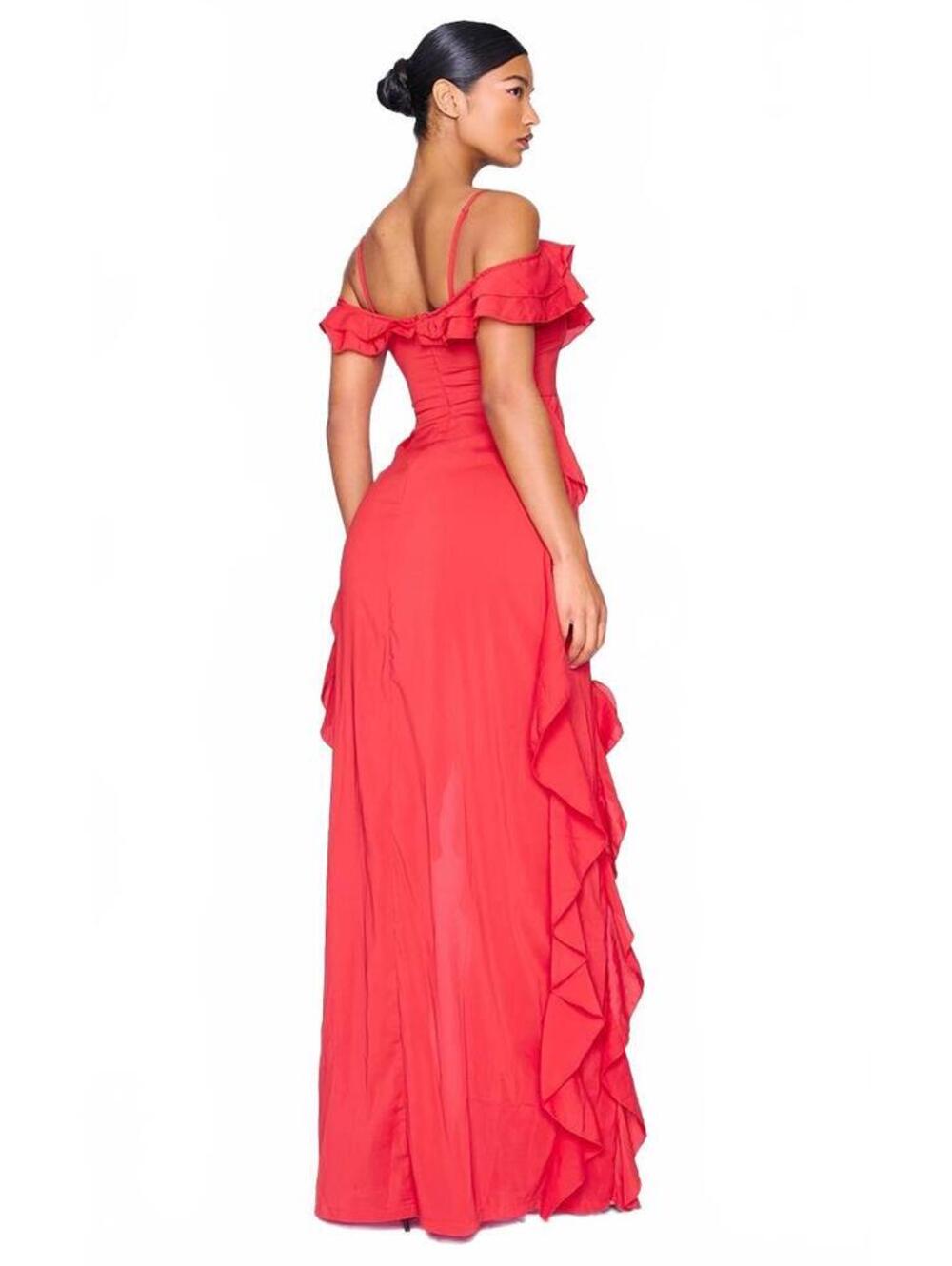 NWT PrettyLittleThing Red Cold Shoulder Ruffle Maxi Dress Size 8 - Picture 4 of 9